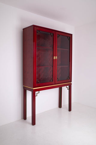1970's Brass and red Lacquered Banana wood Cabinet