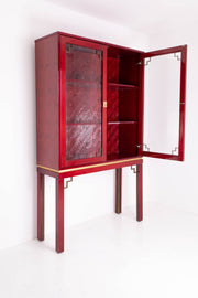 1970's Brass and red Lacquered Banana wood Cabinet
