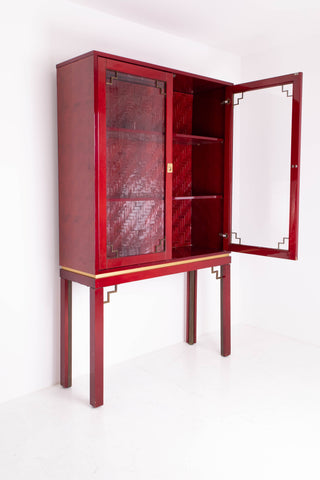 1970's Brass and red Lacquered Banana wood Cabinet