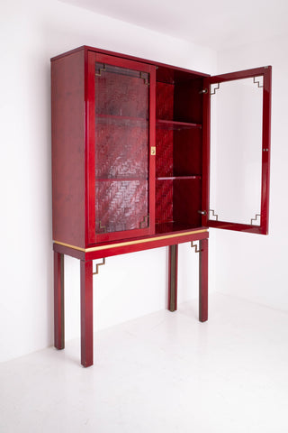 1970's Brass and red Lacquered Banana wood Cabinet