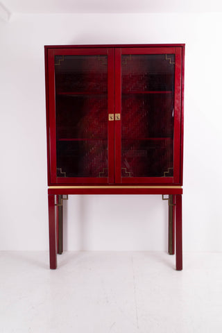 1970's Brass and red Lacquered Banana wood Cabinet
