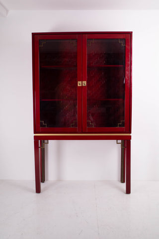 1970's Brass and red Lacquered Banana wood Cabinet