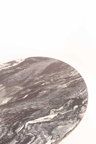 Round marble table top with green, white and oat marbled pattern on a white background