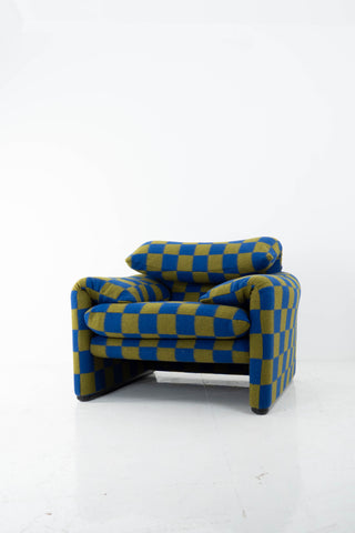 Maralunga Armchair by Magistretti for Cassina -Olive/Blue Check