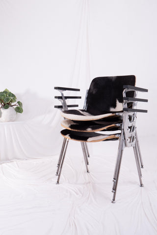 DSC Axis 106 stacking chairs with cowhide seat covers in front of white drapes and a potted plant.
