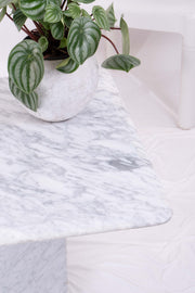 Close up of the white marble Carrara coffee table. A leafy plant is on the tabletop; a white plastic Kartell chair is in the background. The image is set on white drapes. 